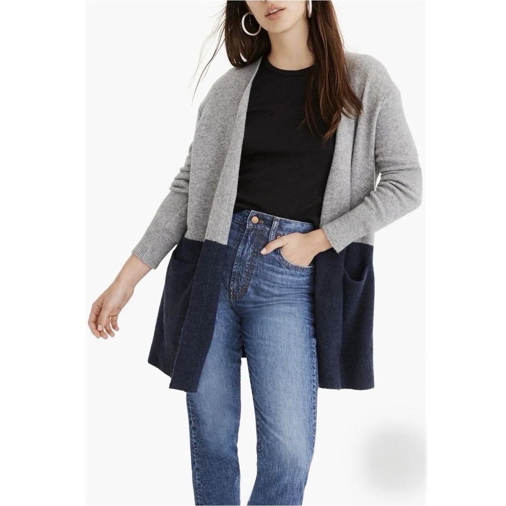 Madewell Alpaca/Wool Blend Colorblock Long Cardigan Sweater Grey Navy Womens M